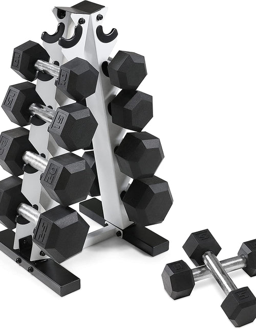 Load image into Gallery viewer, 5-25Lb Rubber Coated Hex Dumbbell Set with a Frame Storage Rack Non-Slip Hex Shape for Muscle Toning, Strength Building &amp; Weight Loss - Multiple Choices Available
