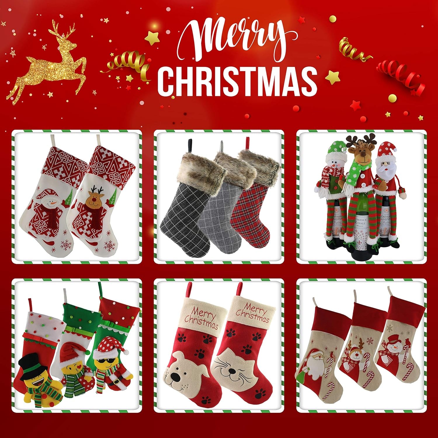 Classic Christmas Stockings Set of 2 Santa, Snowman Xmas Character 17 Inch (Style 4)