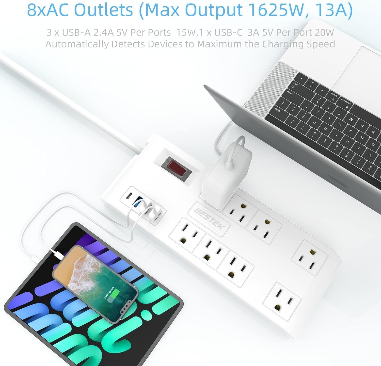 8-Outlet 6Ft Extension Cord Power Strip with 15A 1875W Surge Protector with 5V 4.2A 4 USB Charge Station,600J,Wide Spaced Outlet for Large Plug