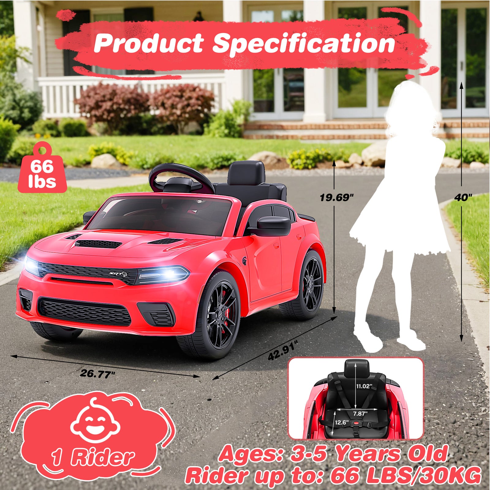 Dodge Electric Ride on Cars for Kids, 12V Licensed Dodge Charger SRT Powered Ride on Toys Cars with Parent Remote Control, Electric Car for Girls 3-5 W/Music Player/Led Headlights/Safety Belt, White